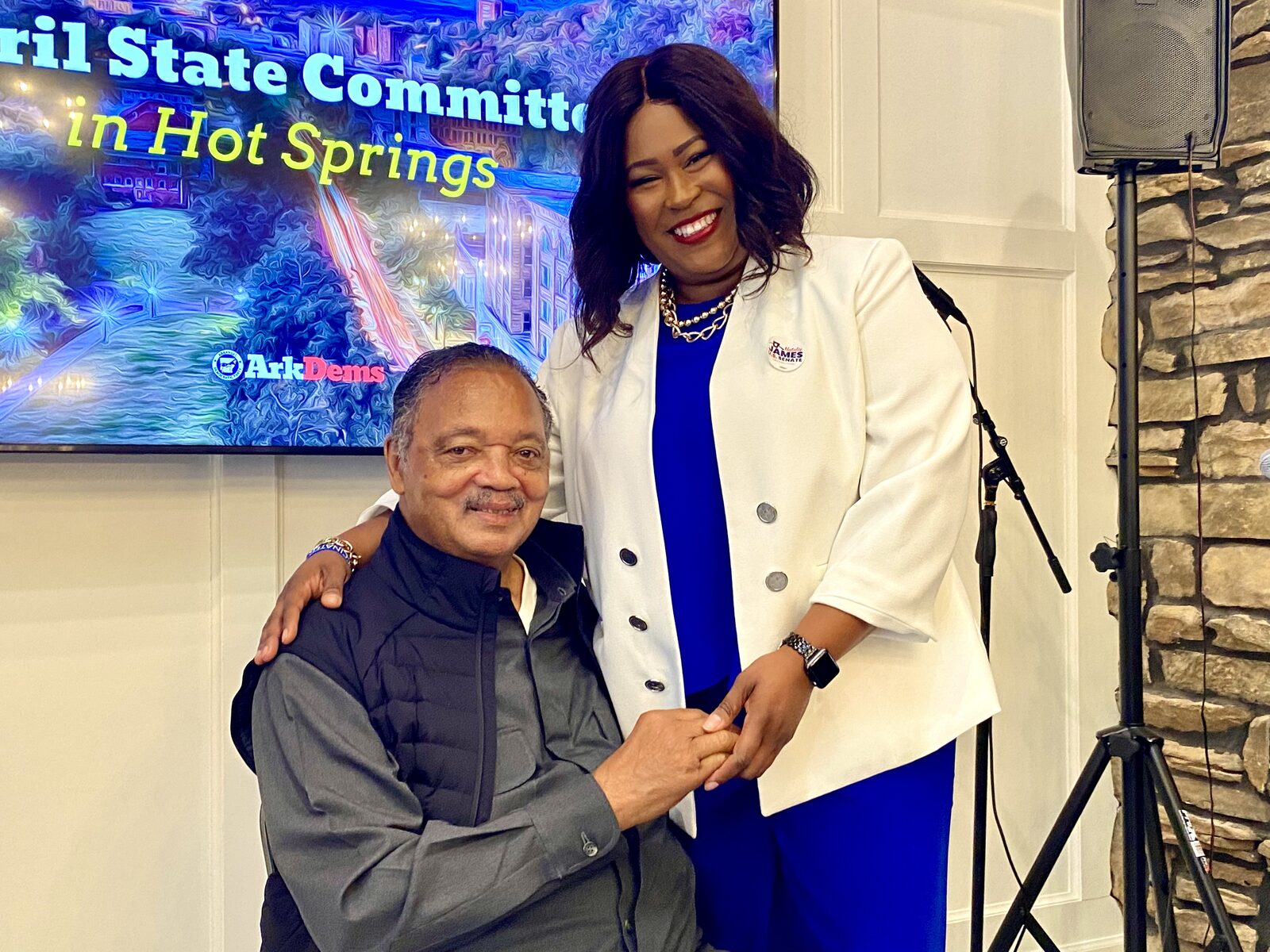 Natalie James with Rev. Jesse Jackson at an Arkansas Democratic Party state committee meeting in Hot Springs