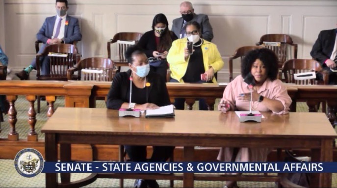 Natalie James seated at the witness table testifying before the Arkansas Senate State Agencies and Governmental Affairs Committee