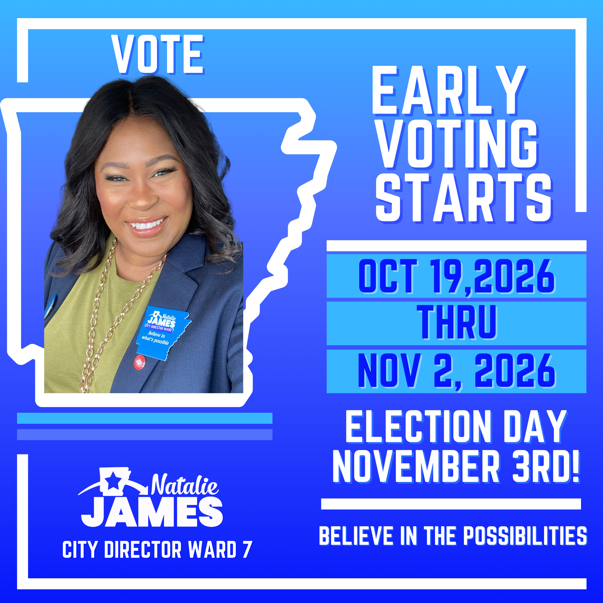Natalie James voter graphic showing early voting and Election Day dates